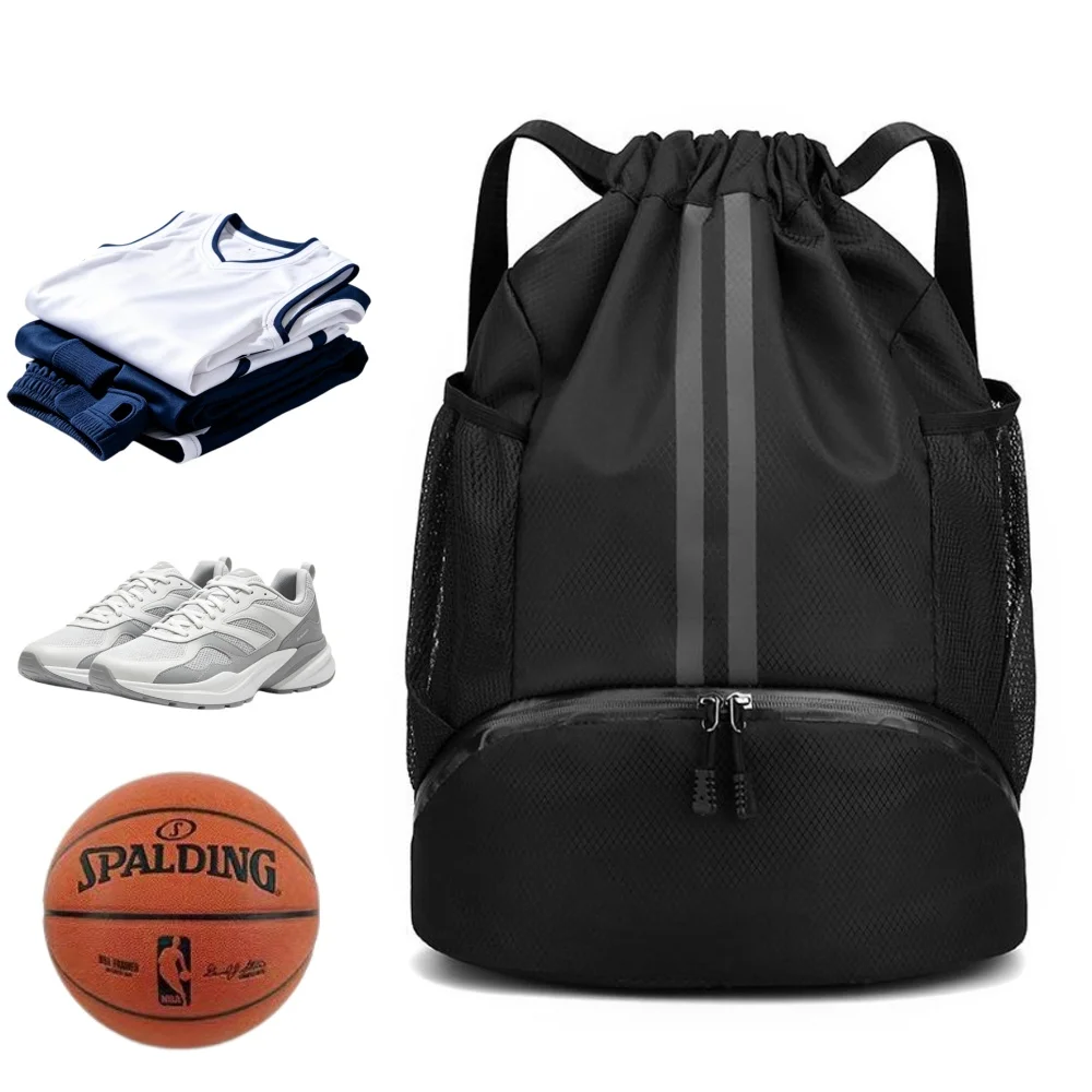 Sports Equipment Storage - ドローストリング付きスポーツバックパック、軽量ジムバッグ、シューズ収納部と乾湿分離機能付き、バスケットボール、フットボール、水泳、ヨガに最適