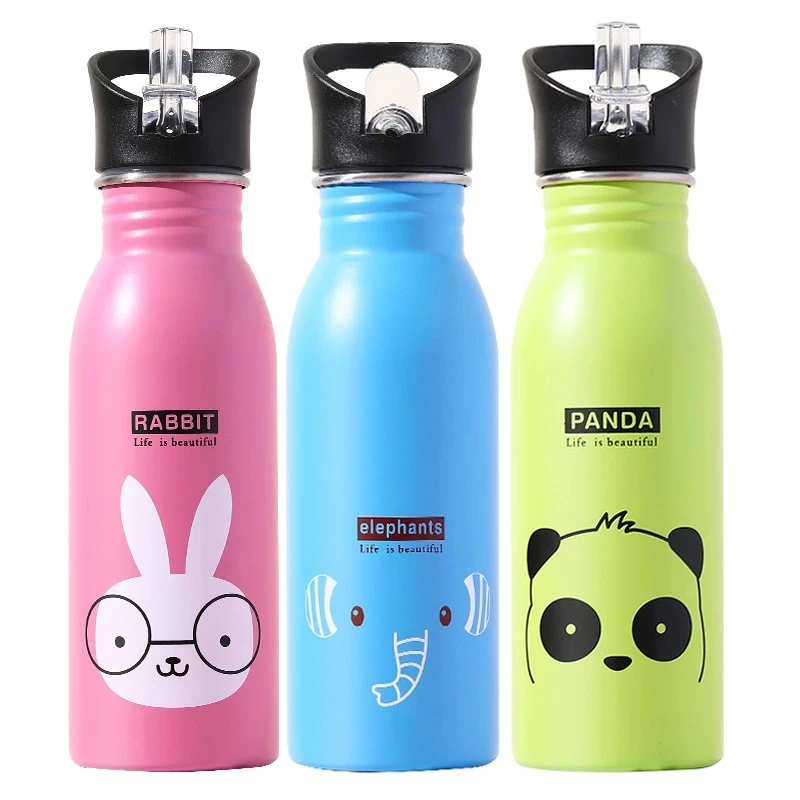 Sports Equipment Types - 500ML ステンレス鋼製ウォーターボトル ストロー付き かわいいウォーターボトル 子供用スポーツボトル 漏れ防止