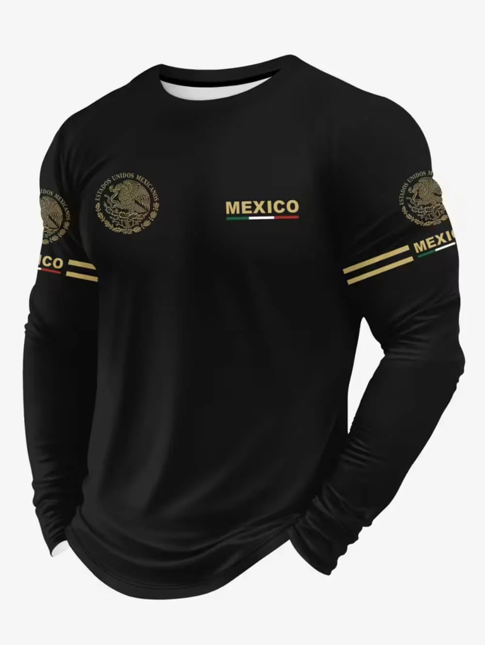 Sports Equipment Jersey - メンズメキシコイーグルプリントTシャツ、ファッショナブルで快適な長袖Tシャツ、カジュアルなOネックプルオーバー、秋向けのゆったりとしたメンズトップス