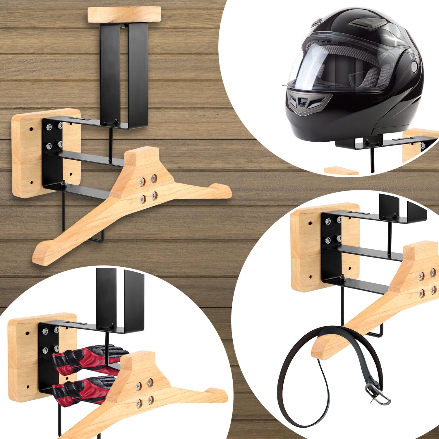 木製オートバイヘルメットホルダー壁掛けフックディスプレイラッ - Sports Equipment Storage のレビューと価格